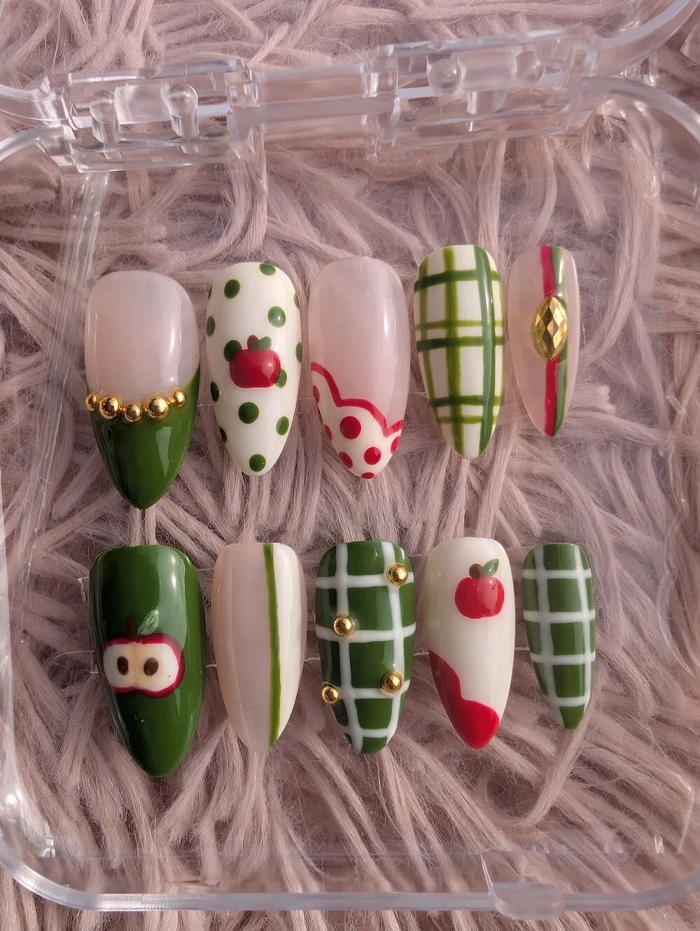 Green & White Apple Nail Set with Red And Gold Accents